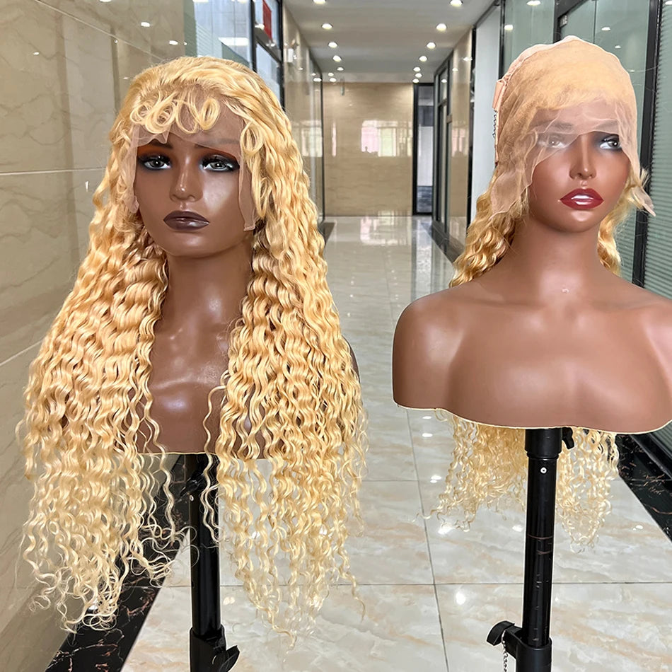 #613 Blonde Color Deep Curly 13x4 Transparent Lace Frontal 200% Density Human Hair Wigs Bleached Knots Preplucked With Baby Hair