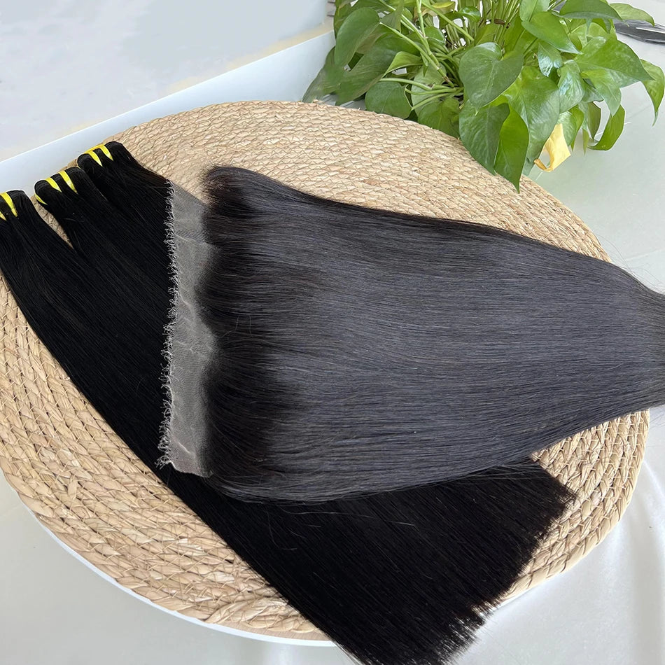 Double Drawn Straight Hair Bundles With 13x4 HD Lace Frontal Natural Color 100% Vietnamese Virgin Human Hair Weave Extensions