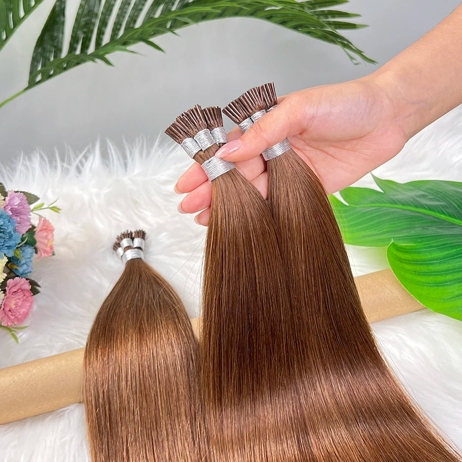 #4 Brown Color Straight Ponytail I-Tip Hair Extensions 100% Human Hair Genius Weft 100grams/Bundle Vietnamese Virgin Hair