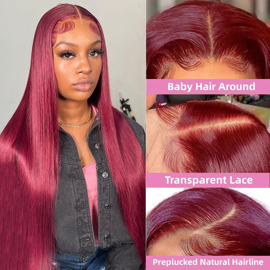 #99J Burgundy Color 13x4 Lace Frontal Wigs 200% Density Human Hair Straight Transparent Lace Preplucked With Baby Hair For Women
