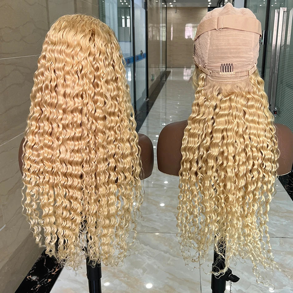 #613 Blonde Color Deep Curly 13x4 Transparent Lace Frontal 200% Density Human Hair Wigs Bleached Knots Preplucked With Baby Hair