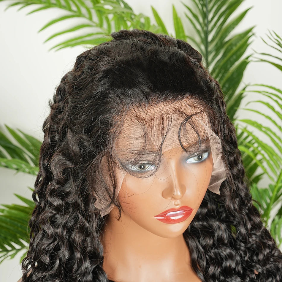 13x4 Transparent Lace Frontal Wigs Water Wave Human Hair 200% Density #1B Natural Black Color Preplucked Lace Front Wig