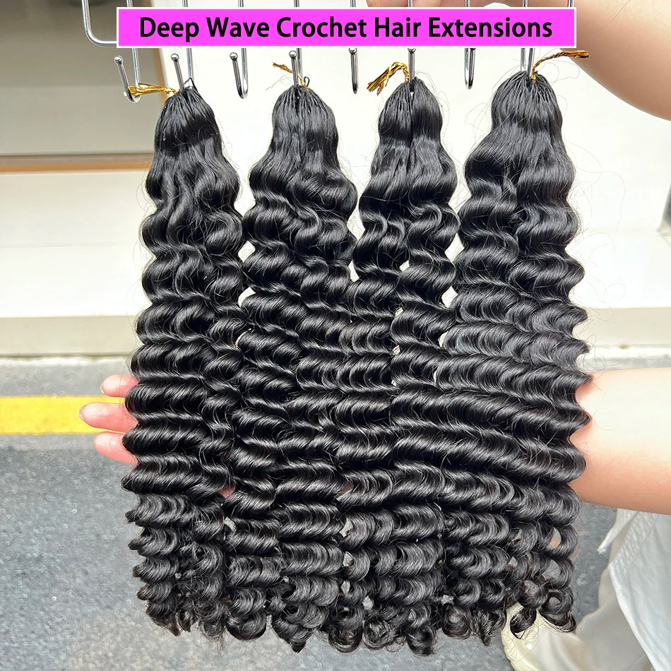 Deep Wave Crochet Hair Extensions 100% Human Hair 100grams Miracle Knots Feather-Line Pre-separated Knotless Braids Crochet Hair