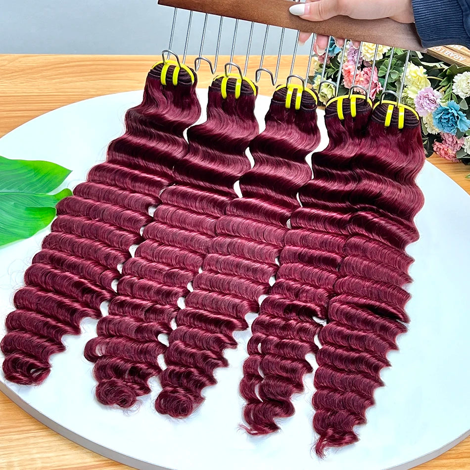 Deep Wave #99j Burgundy Colored Human Hair Bundles 100% Virgin Vietnamese Curl Wavy Hair Weave Extensions 100 Grams Wholesale