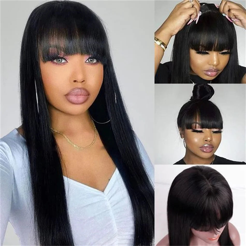 Silky Straight Wig with Bangs — Full Machine Made, Remy Hair