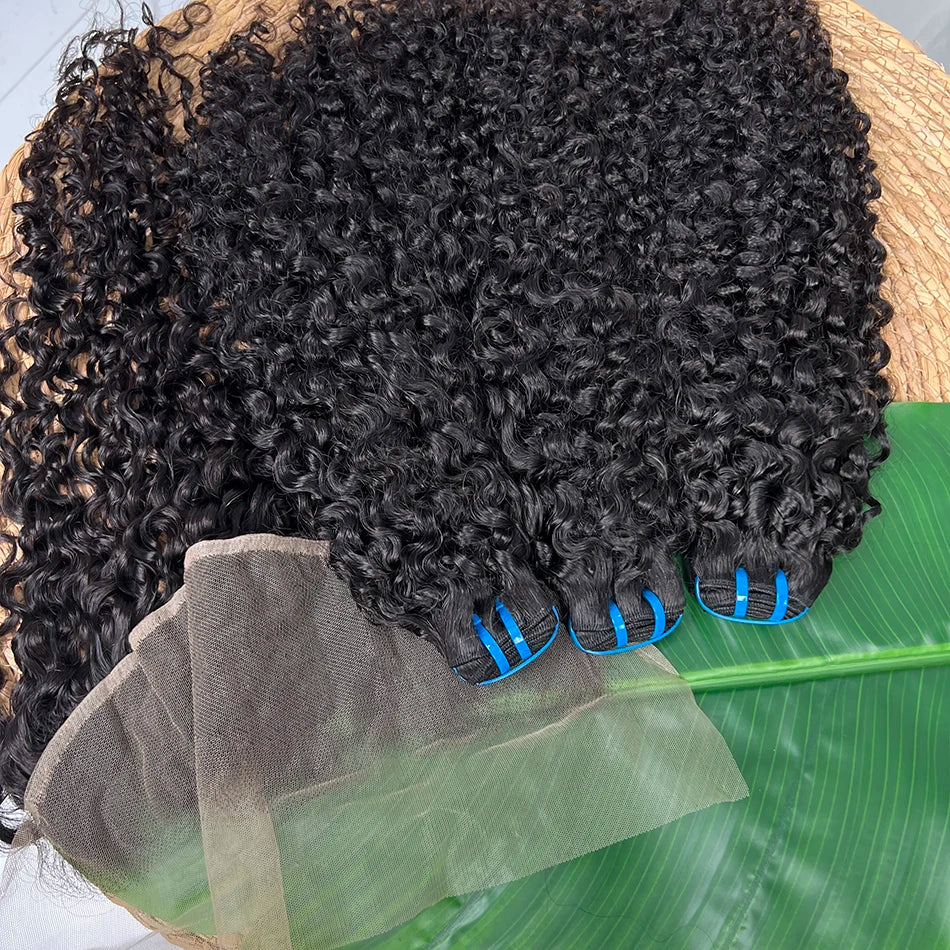 18A Burmese Curly Bundles With 13x4 Transparent Lace Frontal Human Hair #1B Natural Color 100% Raw Virgin Hair Weave Extensions