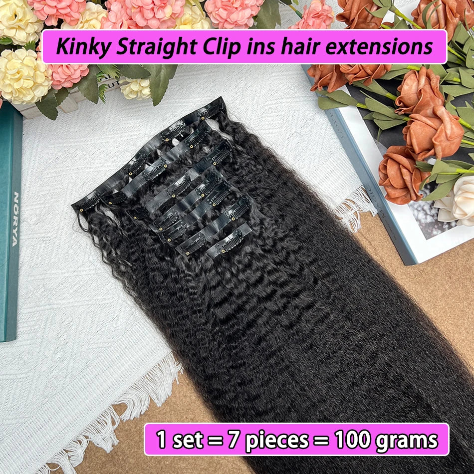 Kinky Straight Clip ins 100% Human Hair Extensions Seamless Invisible PU Weft Unprocessed 100grams 7Pcs/Set #1B Natural Color