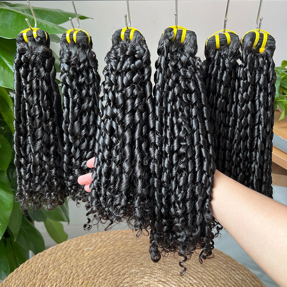 Double Drawn Pixie Curly Human Hair Bundles #1B Natural Color Bouncy Curly 100% Unprocessed Raw Human Hair Weave Extensions