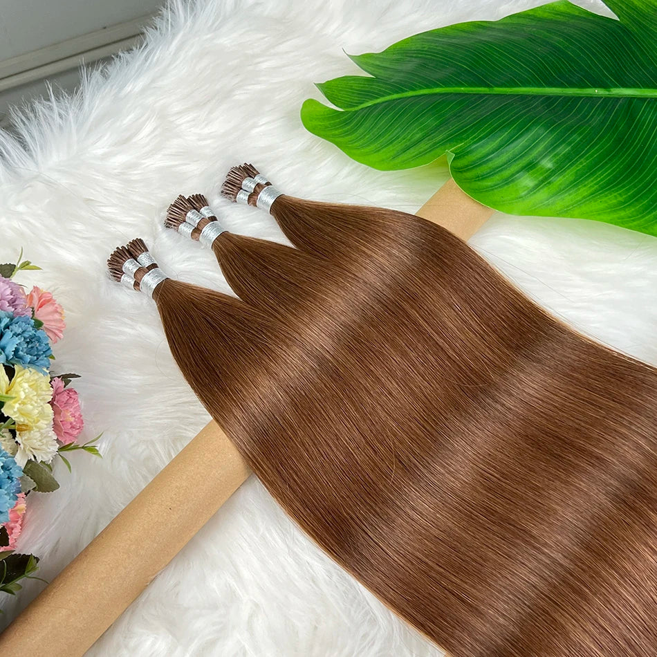 #4 Brown Color Straight Ponytail I-Tip Hair Extensions 100% Human Hair Genius Weft 100grams/Bundle Vietnamese Virgin Hair