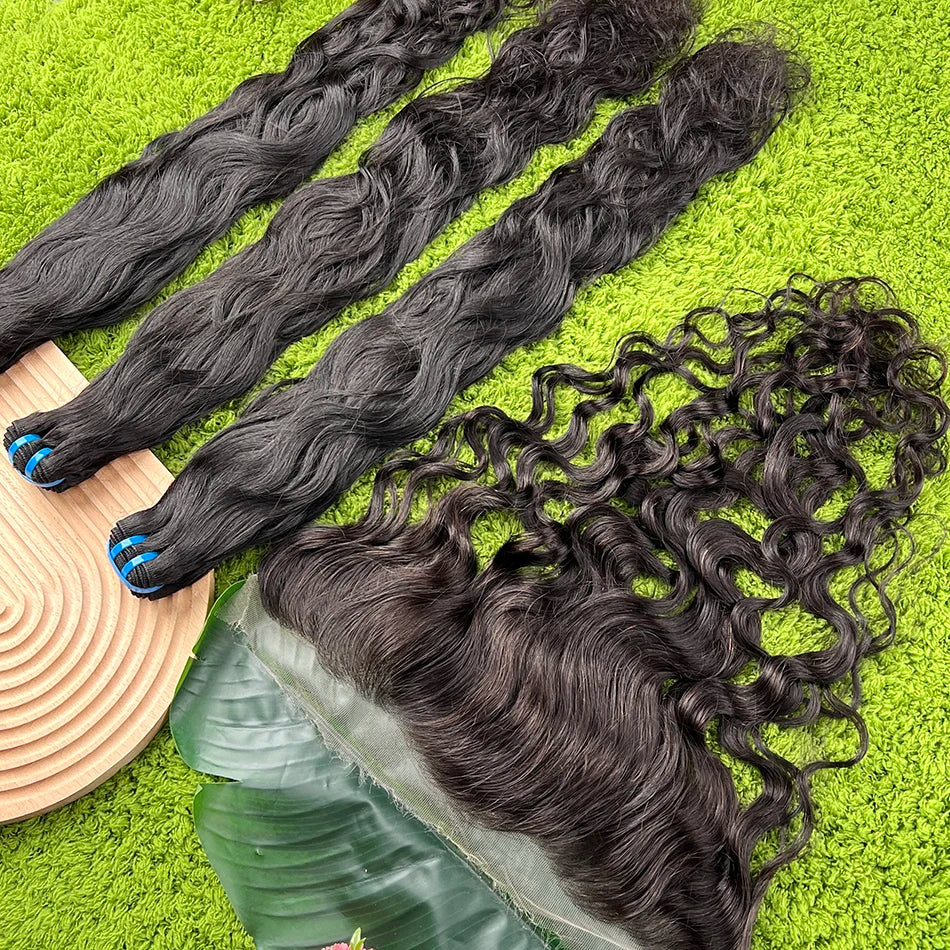 18A Natural Wave Hair Bundles With 13x4 HD Lace Frontal #1B Natural Black Color 100% Raw Virgin Human Hair Weave Extensions