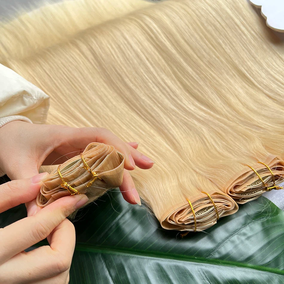 Straight #613 Blonde Color PU Weft Seamless Clips in Human Hair Extensions Invisible 100grams 7Pcs/Set Full Head Virgin Hair