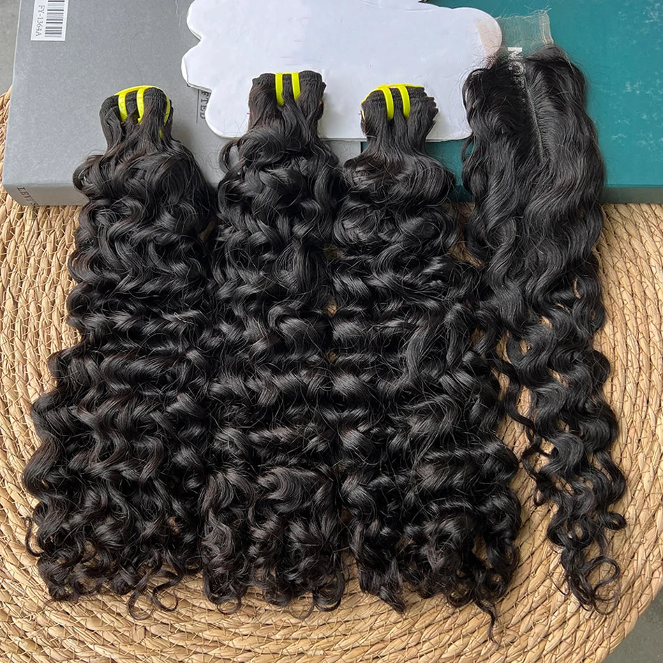 Double Drawn Water Wave Bundles With 2x6 HD Invisible Lace Closure 100% Human Hair Double Weft Virgin Hair Weaving Extensions
