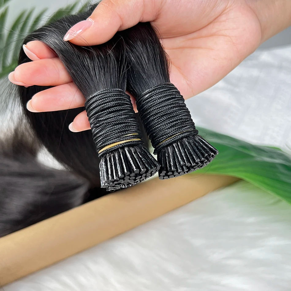 Straight Ponytail I-Tip Hair Extensions 100% Human Hair Genius Weft #1B Natural Black Color 100 Grams Vietnamese Virgin Hair