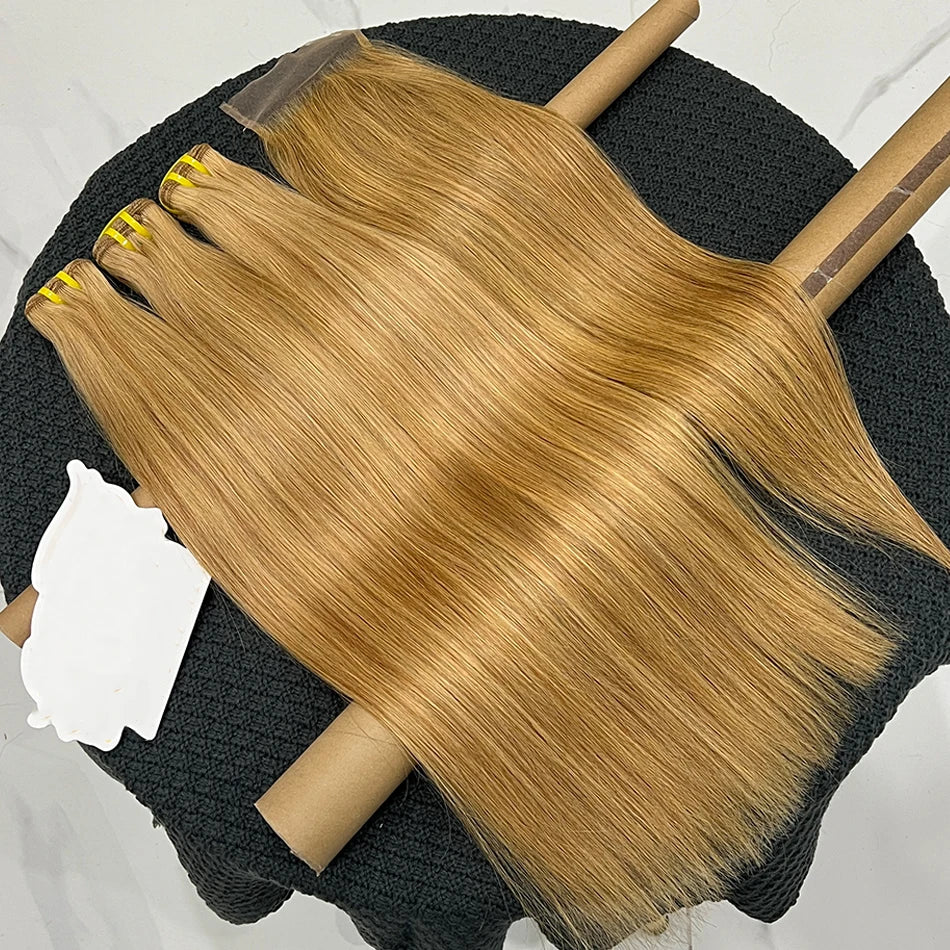 #27 Color Bundles With 4x6 Lace Closure Straight 100% Human Hair Preplucked Bleached Knots Transparent Lace Hair Weave Extension