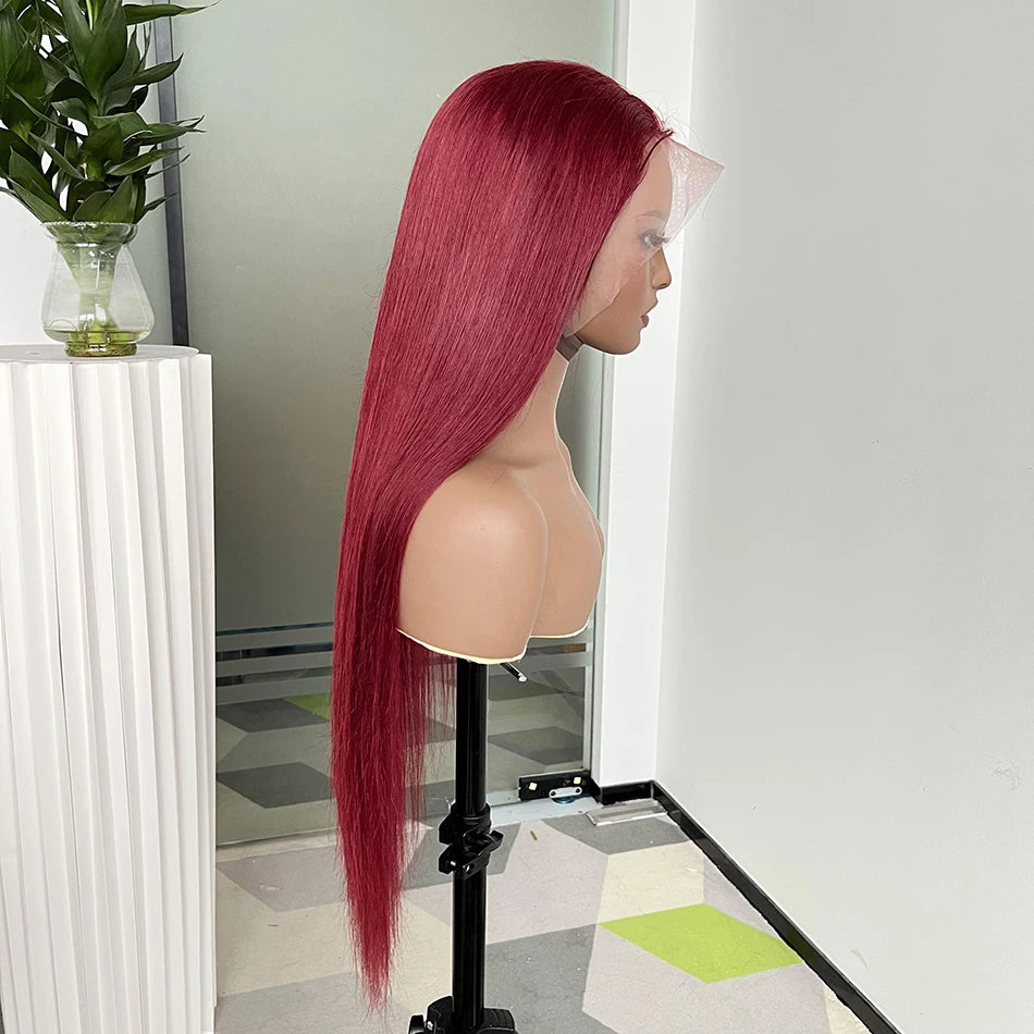 #99J Burgundy Color 13x4 Lace Frontal Wigs 200% Density Human Hair Straight Transparent Lace Preplucked With Baby Hair For Women