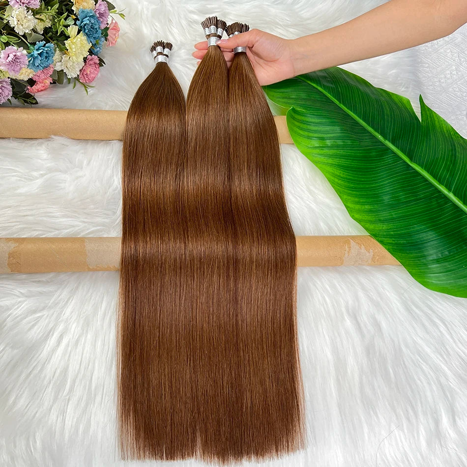 #4 Brown Color Straight Ponytail I-Tip Hair Extensions 100% Human Hair Genius Weft 100grams/Bundle Vietnamese Virgin Hair