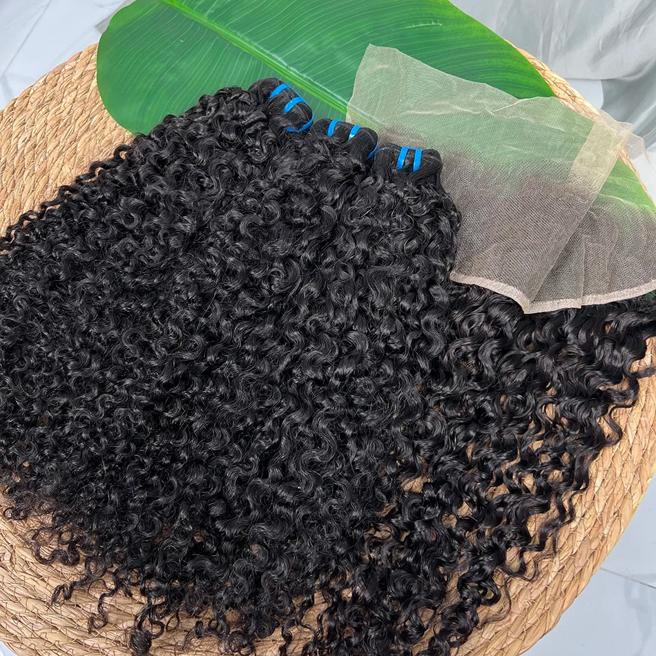18A Burmese Curly Bundles With 13x4 Transparent Lace Frontal Human Hair #1B Natural Color 100% Raw Virgin Hair Weave Extensions