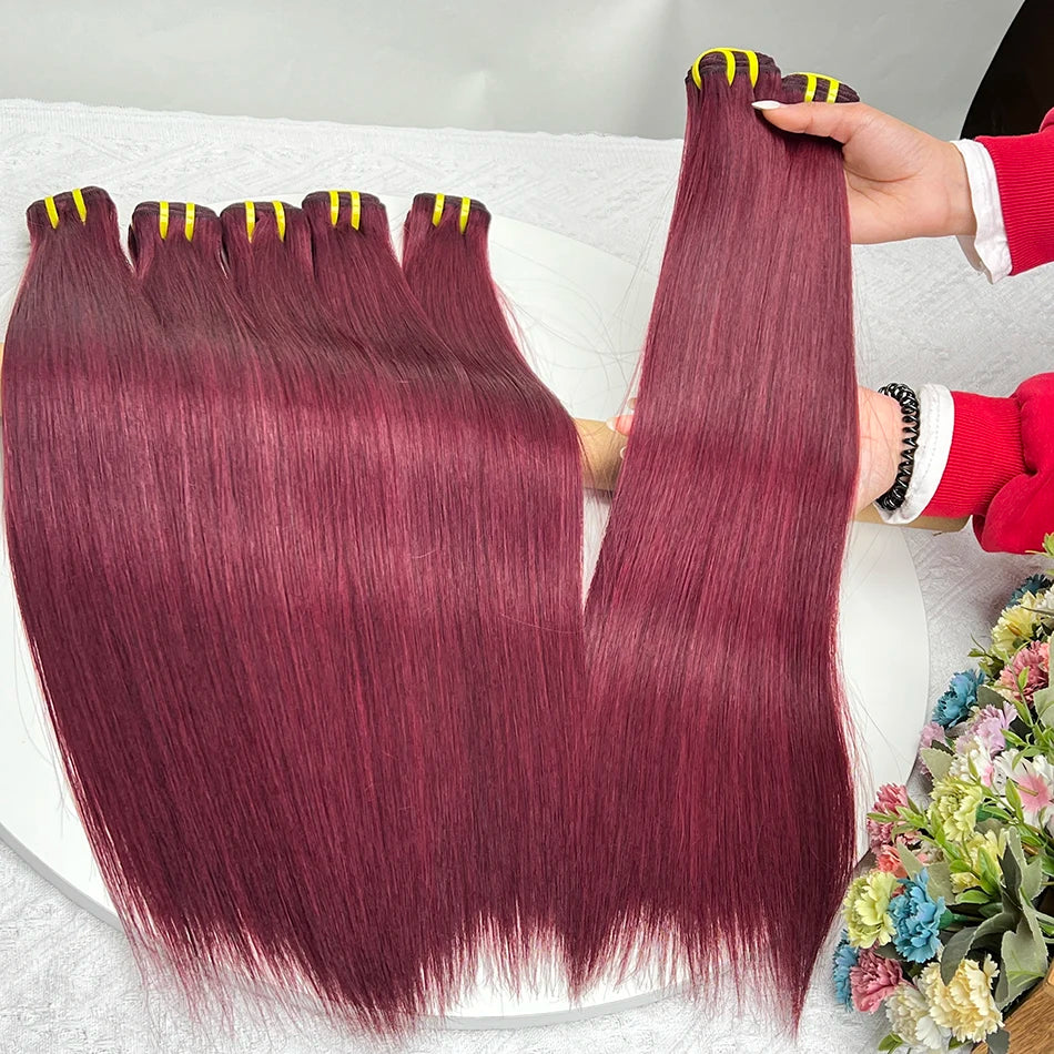 Straight #99j Burgundy Human Hair Bundles Red Colored Vietnamese 100 Grams 100% Raw Virgin Wavy Human Hair Weave Extensions