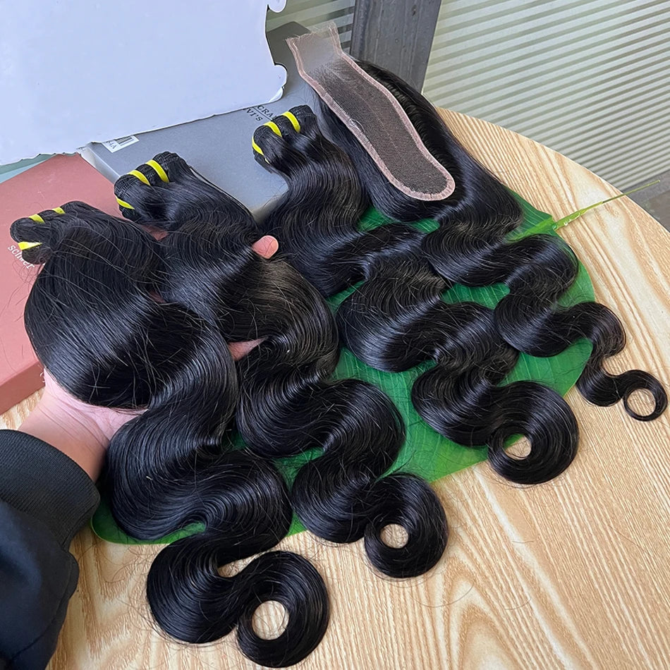 Body Wave Human Hair Bundles With 2x6 Real HD Lace Closure Natural Color 100% Raw Virgin Human Hair Weave Extensions For Women