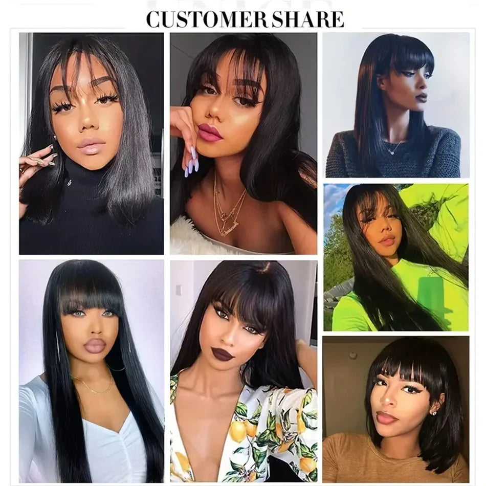Silky Straight Wig with Bangs — Full Machine Made, Remy Hair