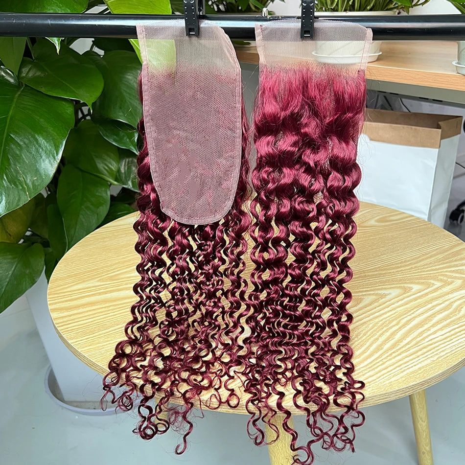 #99j Burgundy Color Deep Curly 4x6 Inch Transparent Lace Closure Human Hair Melt Skin Invisible Bleached Knots Invisible Lace