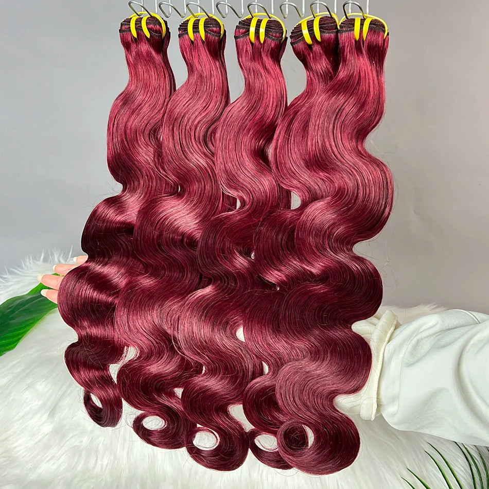 Body Wave #99j Burgundy Human Hair Bundles Red Colored Vietnamese 100 Grams 100% Raw Virgin Wavy Human Hair Weave Extensions