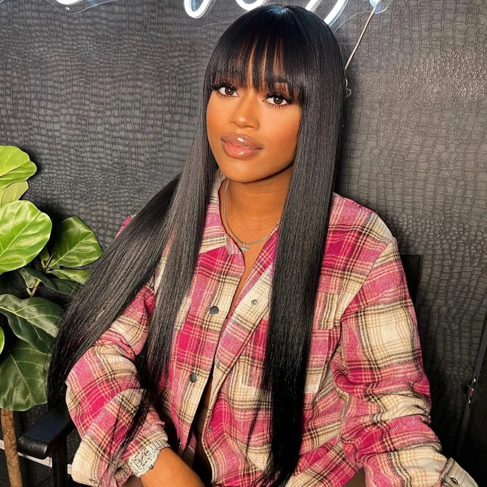 Silky Straight Wig with Bangs — Full Machine Made, Remy Hair