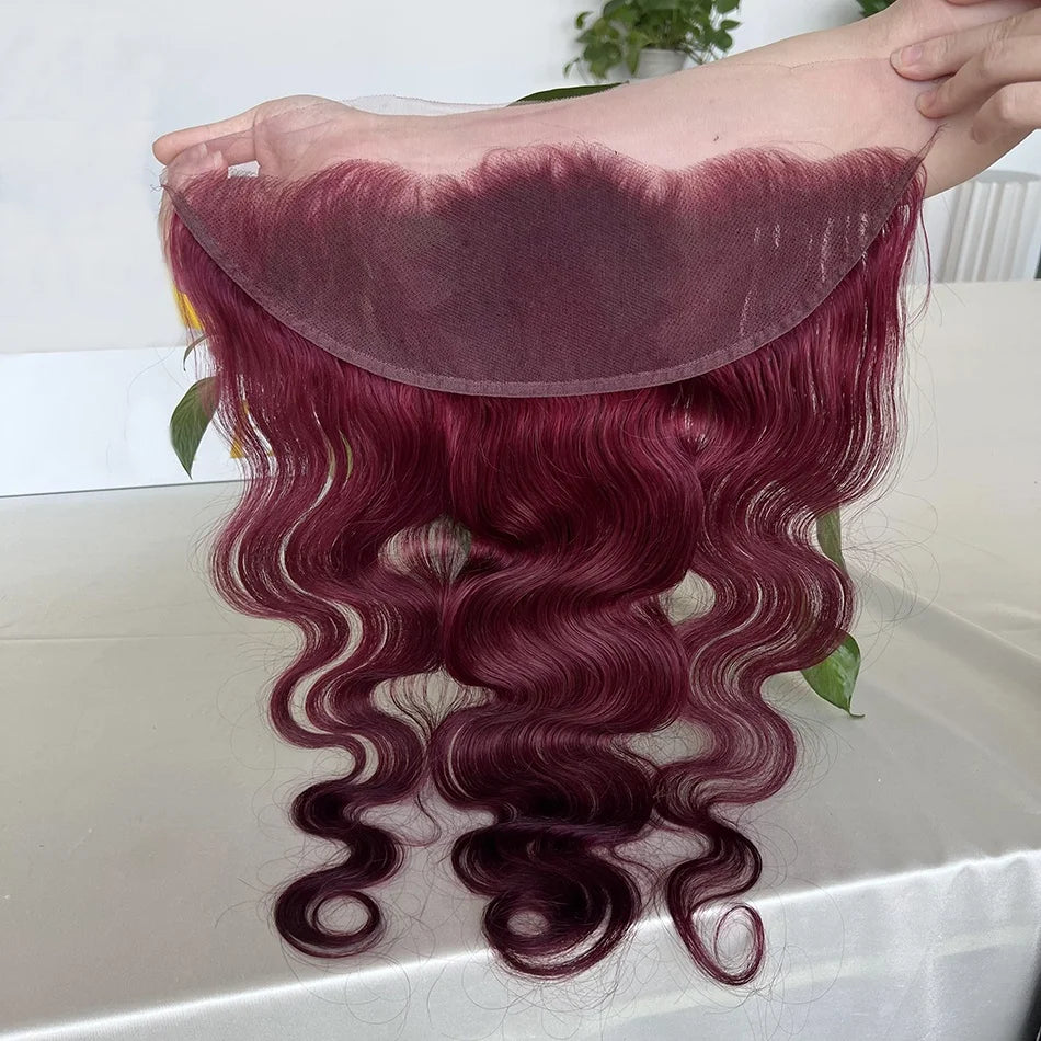 #99J Burgundy Color 13x4 Transparent Lace Frontal Human Hair Body Wave Melt Skin Invisible Lace Pre-Plucked Natural Hairline