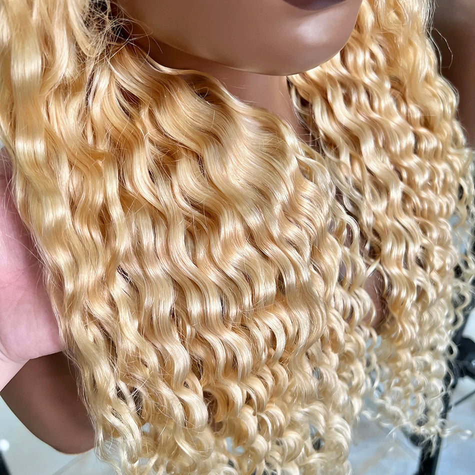 #613 Blonde Color Deep Curly 13x4 Transparent Lace Frontal 200% Density Human Hair Wigs Bleached Knots Preplucked With Baby Hair