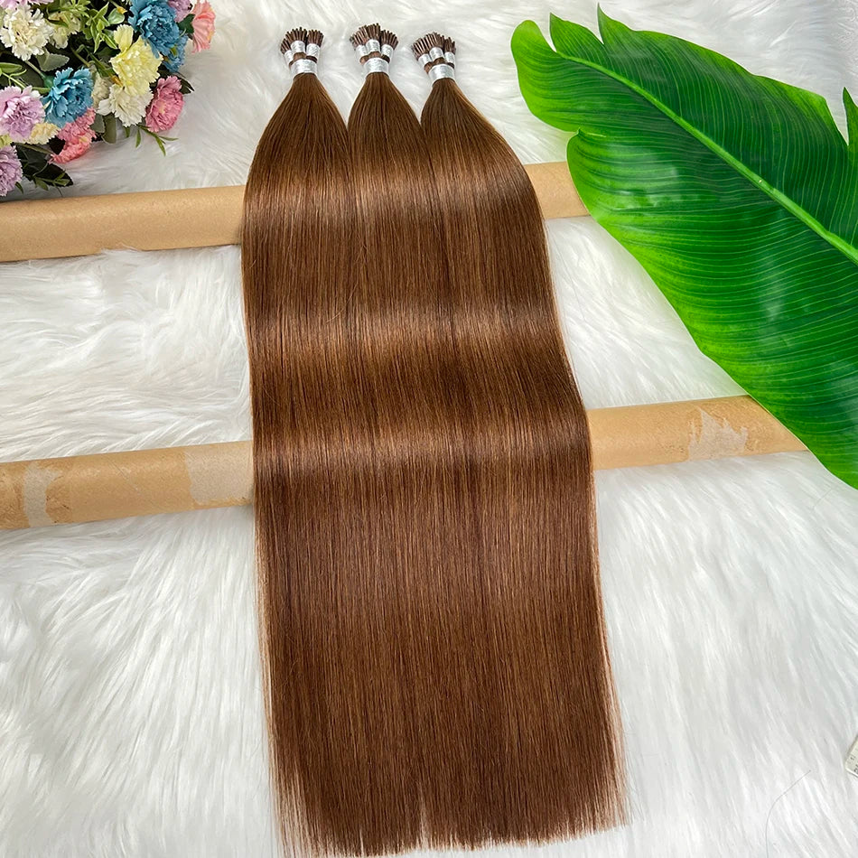 #4 Brown Color Straight Ponytail I-Tip Hair Extensions 100% Human Hair Genius Weft 100grams/Bundle Vietnamese Virgin Hair