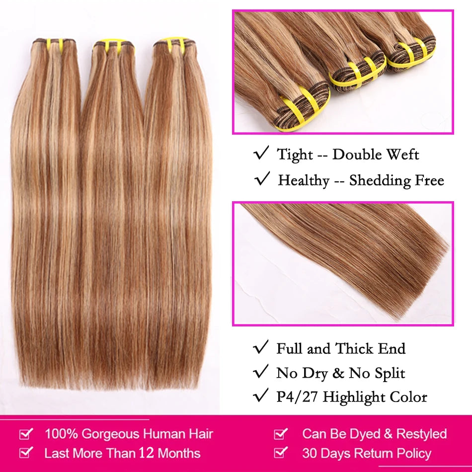 Highlight Color P4/27 Straight Human Hair Bundles Honey Blonde Brown 100 Grams 100% Virgin Hair Weaving Extensions For Women