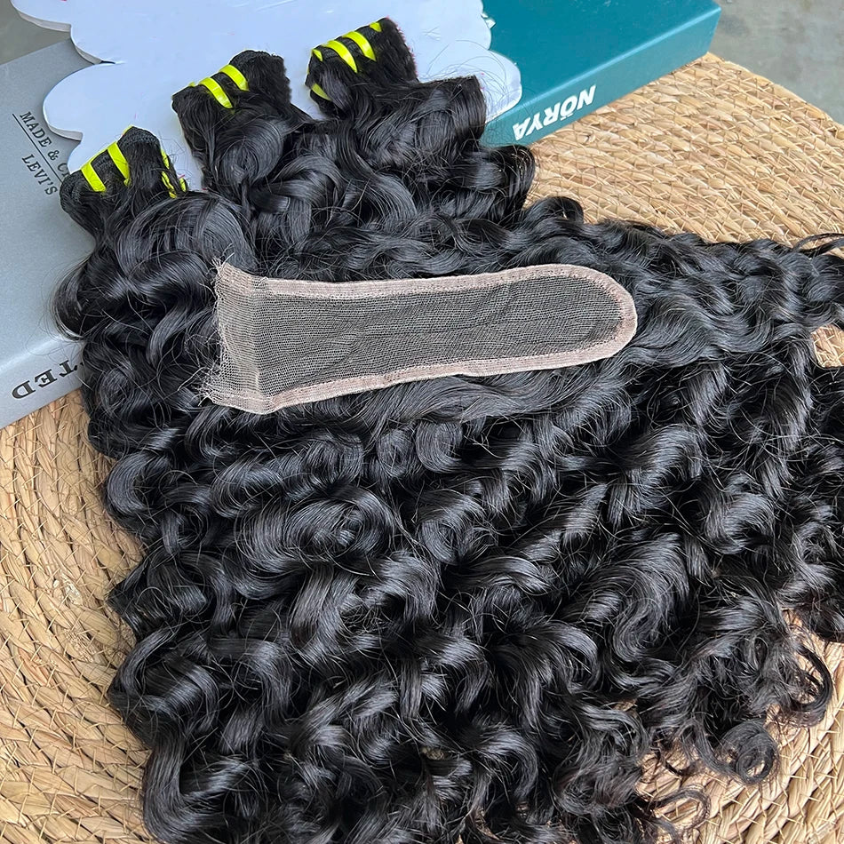 Double Drawn Water Wave Bundles With 2x6 HD Invisible Lace Closure 100% Human Hair Double Weft Virgin Hair Weaving Extensions