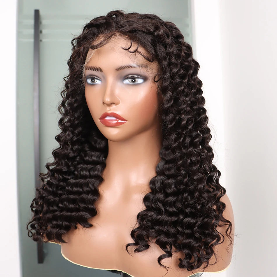 Double Drawn 4x4 HD Lace Closure Wig 13x4 Frontal Wig Deep Wave Human Hair Wigs Preplucked Curly Full #1B Natural Color Raw Hair