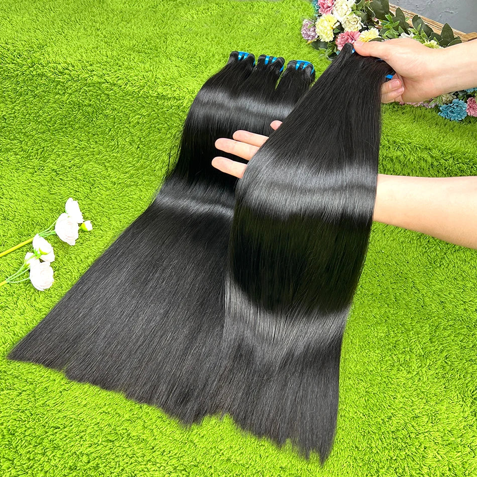 Double Drawn Bone Straight 100% Human Hair Bundles Weave 18A Raw Virgin Hair Extensions #1B Natural Black Color Can Bleach #613