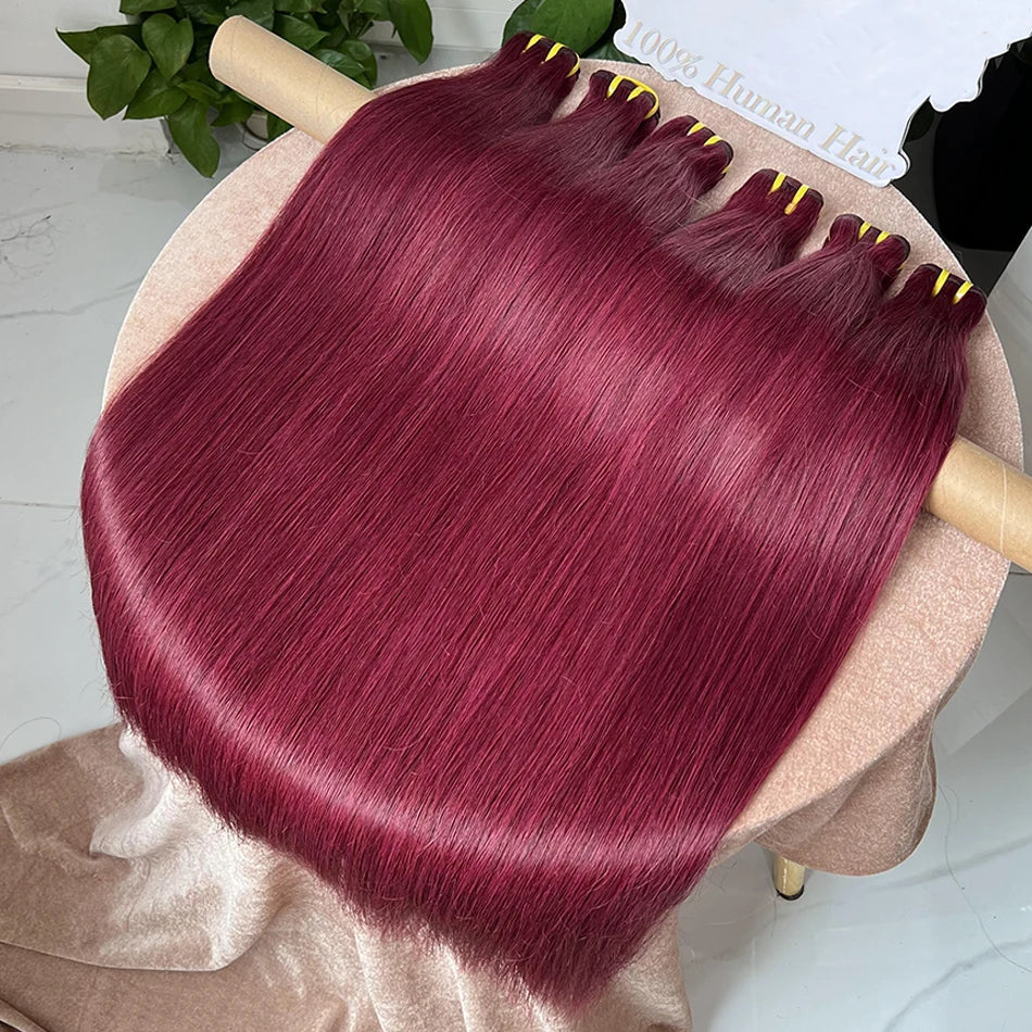 Double Drawn #99j Burgundy Colored Straight Human Hair Bundles 100% Virgin Hair Weaving Extensions 100g 1/2/3/4 pcs For Women