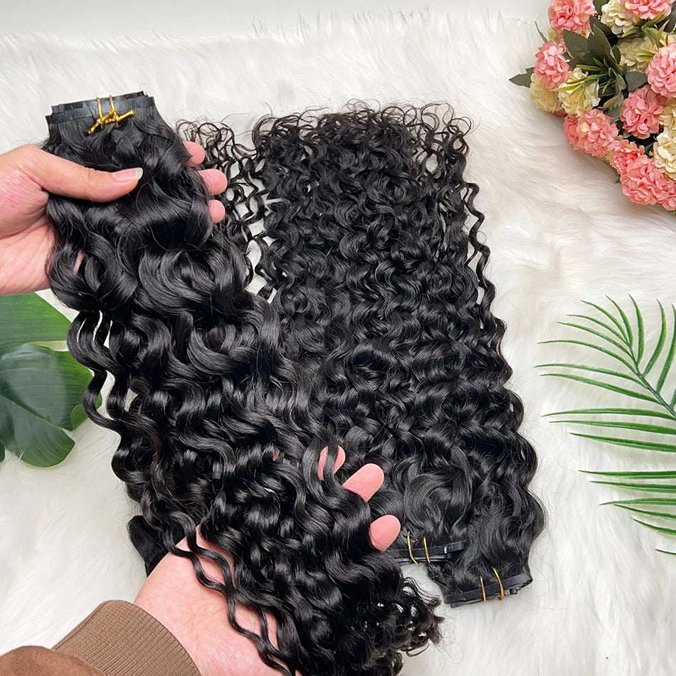 Water Wave Clips in Human Hair Extensions Seamless PU Weft Invisible 100grams 7Pcs/Set Full Unprocessed Raw Hair Natural Color