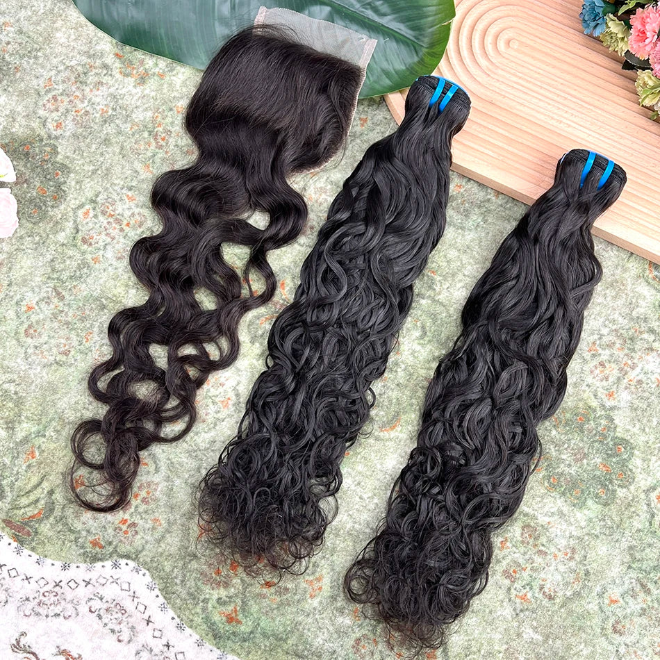 Human Hair Bundles With 4x4 Transparent Lace Closure 18A Natural Wave #1B Natural Black Color 100% Virgin Hair Weave Extensions
