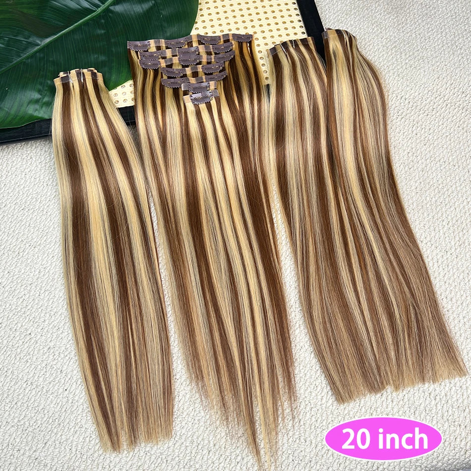 Straight P4/27 Highlight Color Clip ins Human Hair Extensions 100 Grams 7Pcs/Set Seamless PU Weft Clips in Vietnamese Human Hair