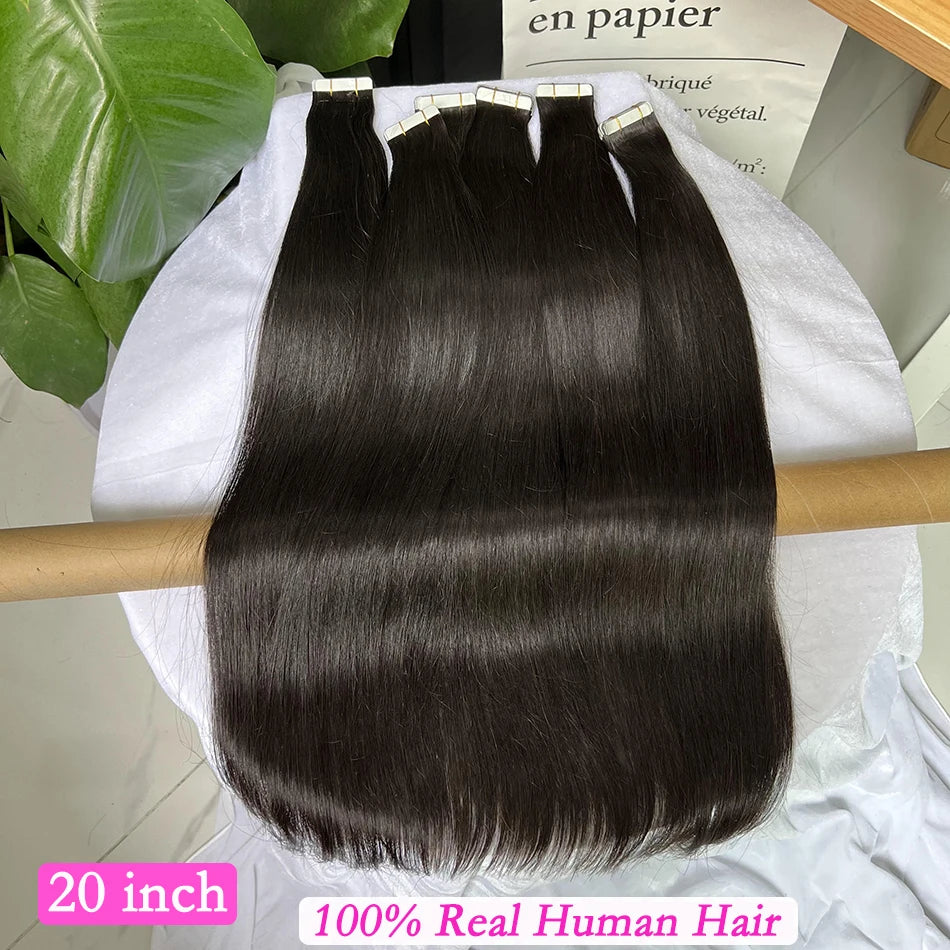 Straight PU Tape In Human Hair Extensions Inject Seamless Invisible Weft Hand Tied Adhesives Tape-Ins #1B Natural 100grams Hair