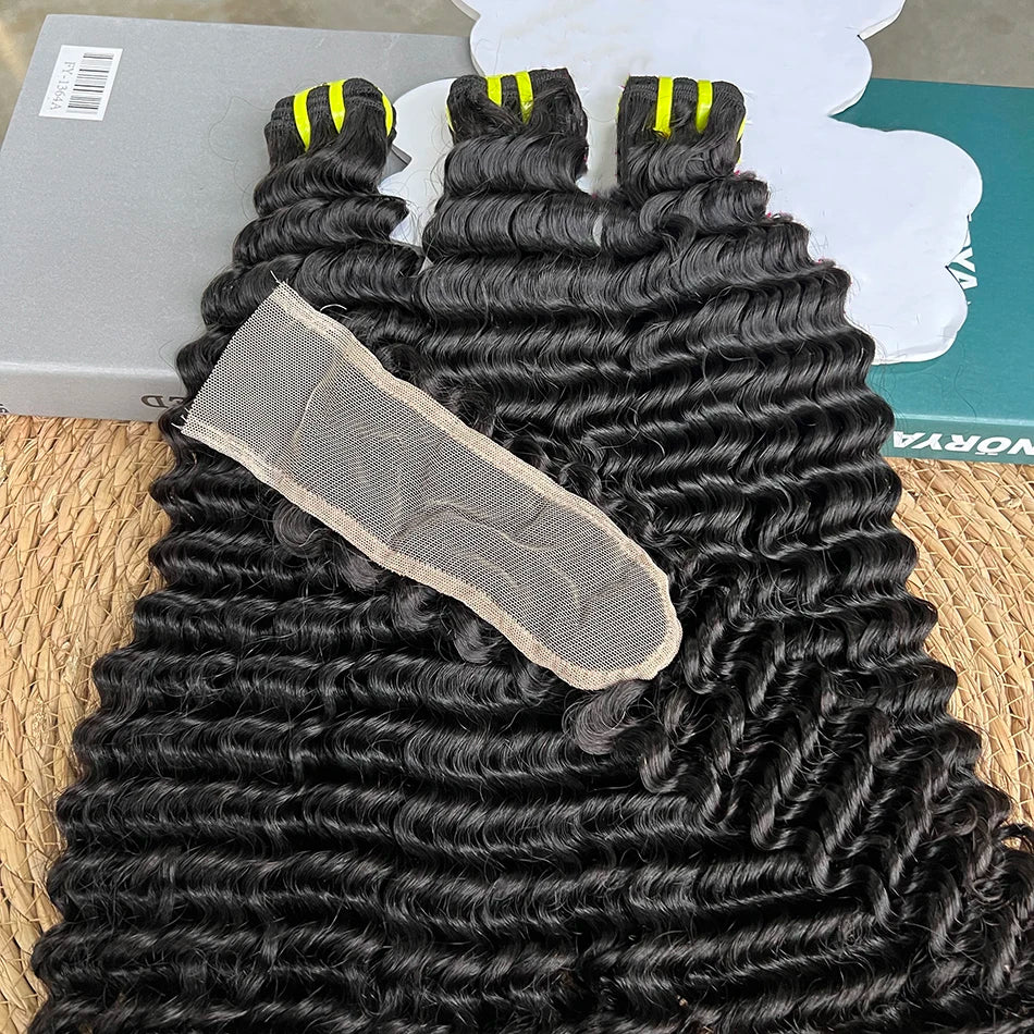 Double Drawn Deep Curly Hair Bundles With 2x6 Transparent Lace Closure Bleached Knots Lace 100% Raw Human Hair Weave Extensions