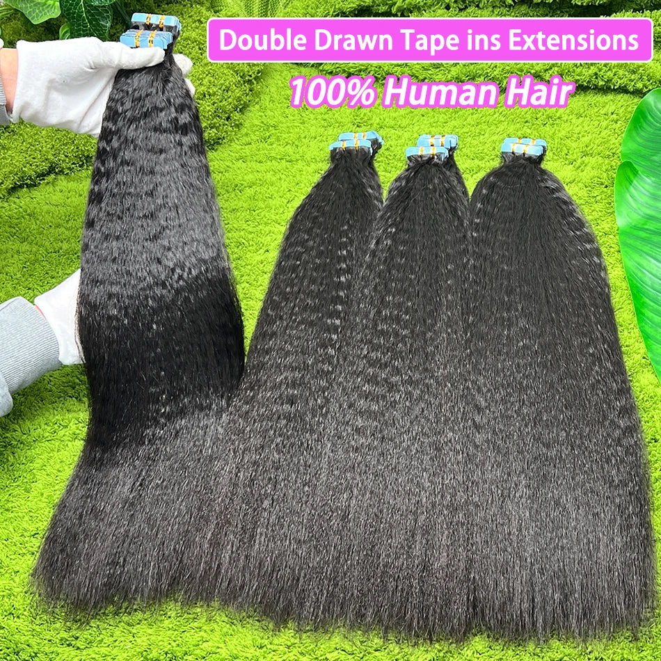 Kinky Straight Double Drawn Tape-Ins 100% Human Hair Extensions Seamless Invisible PU Tape 100grams #1B Natural Color Hair
