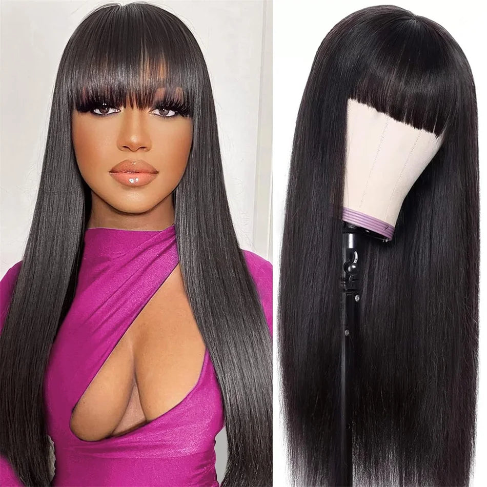 Silky Straight Wig with Bangs — Full Machine Made, Remy Hair