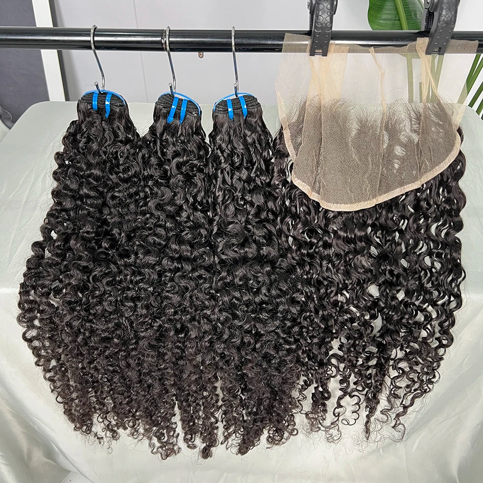 18A Burmese Curly Bundles With 13x4 Transparent Lace Frontal Human Hair #1B Natural Color 100% Raw Virgin Hair Weave Extensions