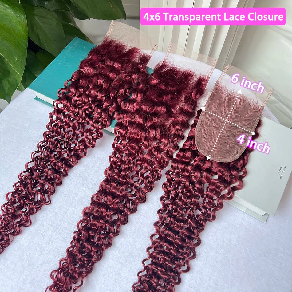 #99j Burgundy Color Deep Curly 4x6 Inch Transparent Lace Closure Human Hair Melt Skin Invisible Bleached Knots Invisible Lace