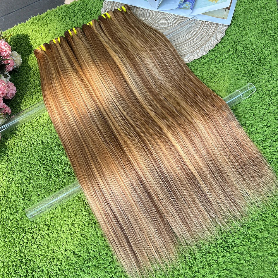 Highlight Color P4/27 Straight Human Hair Bundles Honey Blonde Brown 100 Grams 100% Virgin Hair Weaving Extensions For Women