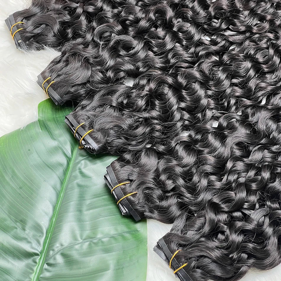 Water Wave Clips in Human Hair Extensions Seamless PU Weft Invisible 100grams 7Pcs/Set Full Unprocessed Raw Hair Natural Color
