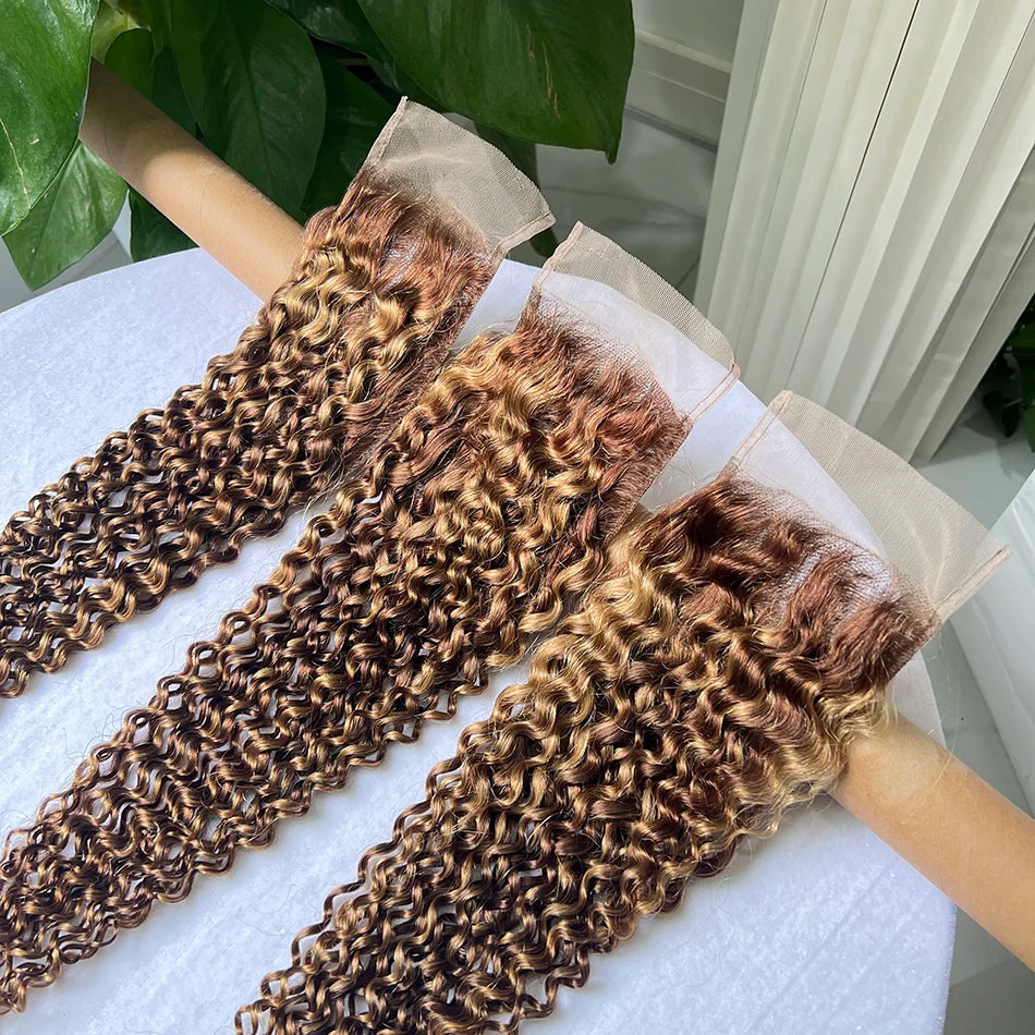 P4/27 Color 4x6 Transparent Lace Closure Deep Curly Highlight Deep Parting Melt Skin Invisible Lace Raw Virgin Curly Human Hair
