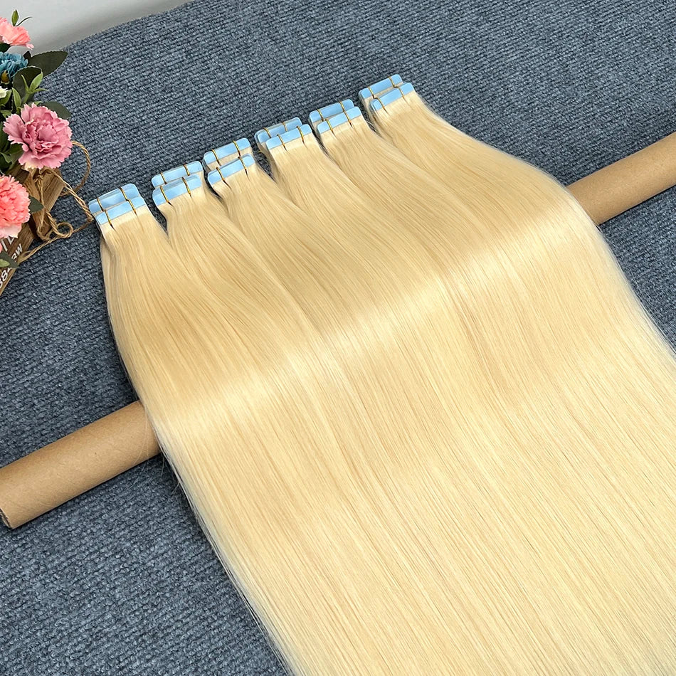 Straight #613 Blonde Colored Invisible PU Tape Ins 100% Human Hair Extensions Seamless PU Weft Adhesives 100grams Tape-Ins Hair