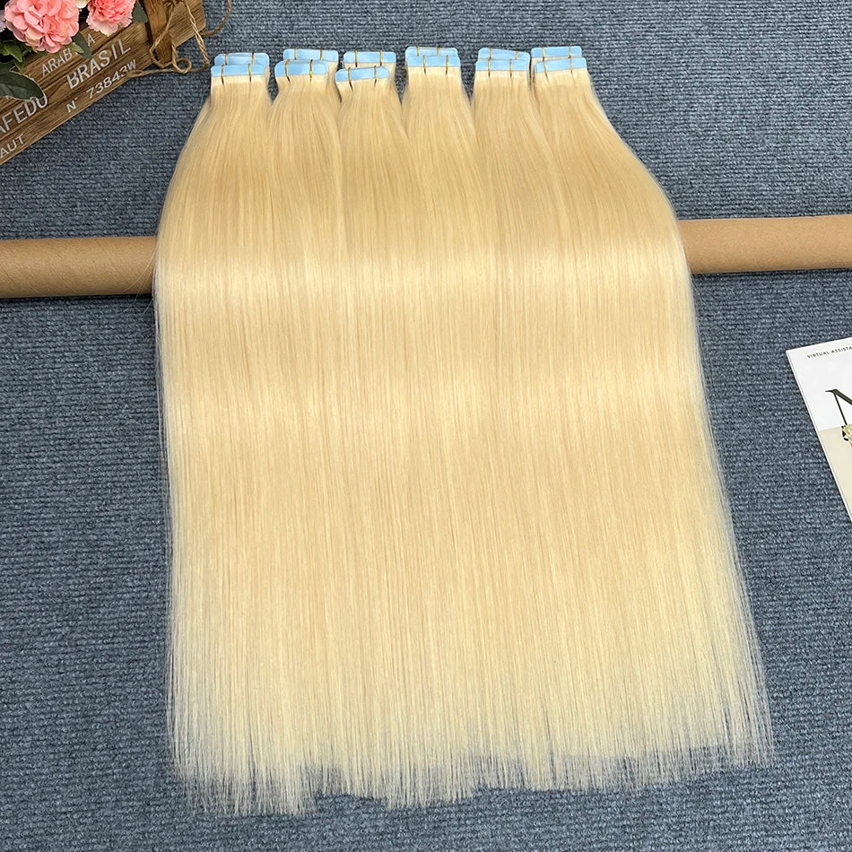 Straight #613 Blonde Colored Invisible PU Tape Ins 100% Human Hair Extensions Seamless PU Weft Adhesives 100grams Tape-Ins Hair