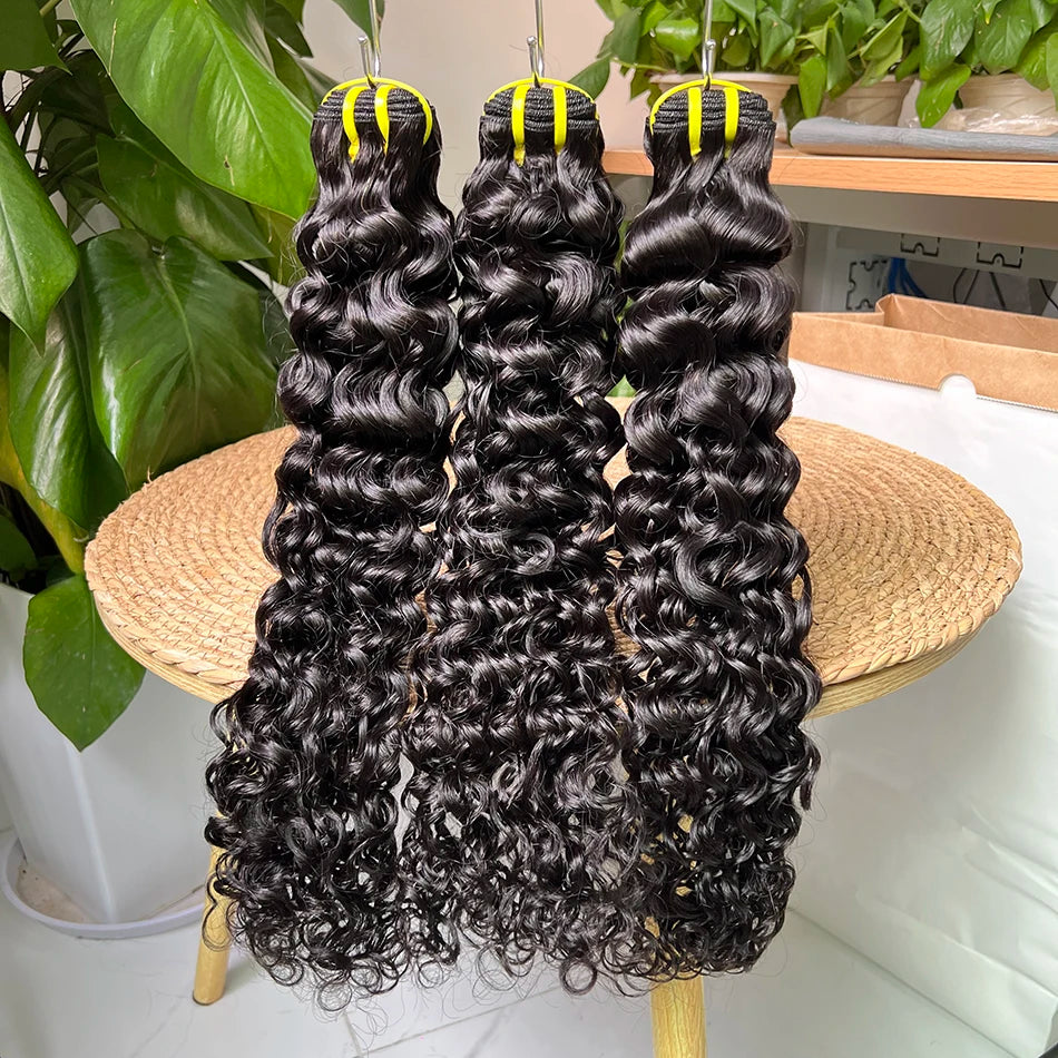 100% Human Hair Water Wave Bundles #1B Natural Black Color Curly Wavy Unprocessed Raw Virgin Hair Weave Extensions